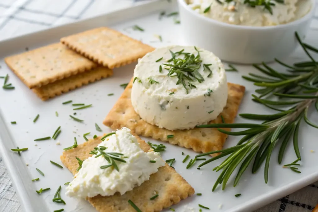 Boursin cheese spread on a cracker with herbs.