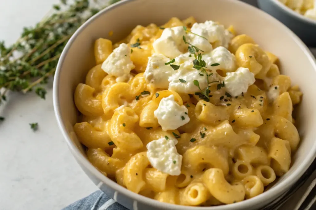 A bowl of protein cottage cheese mac and cheese with visible texture