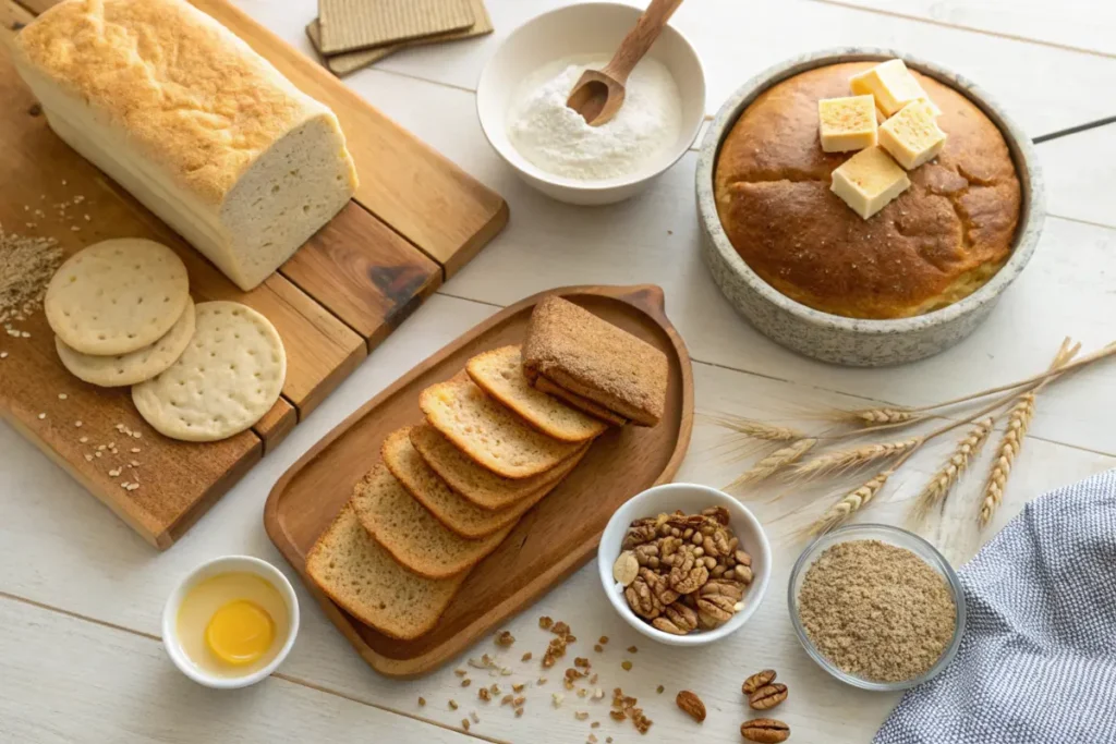 Various sourdough discard recipes displayed on a table