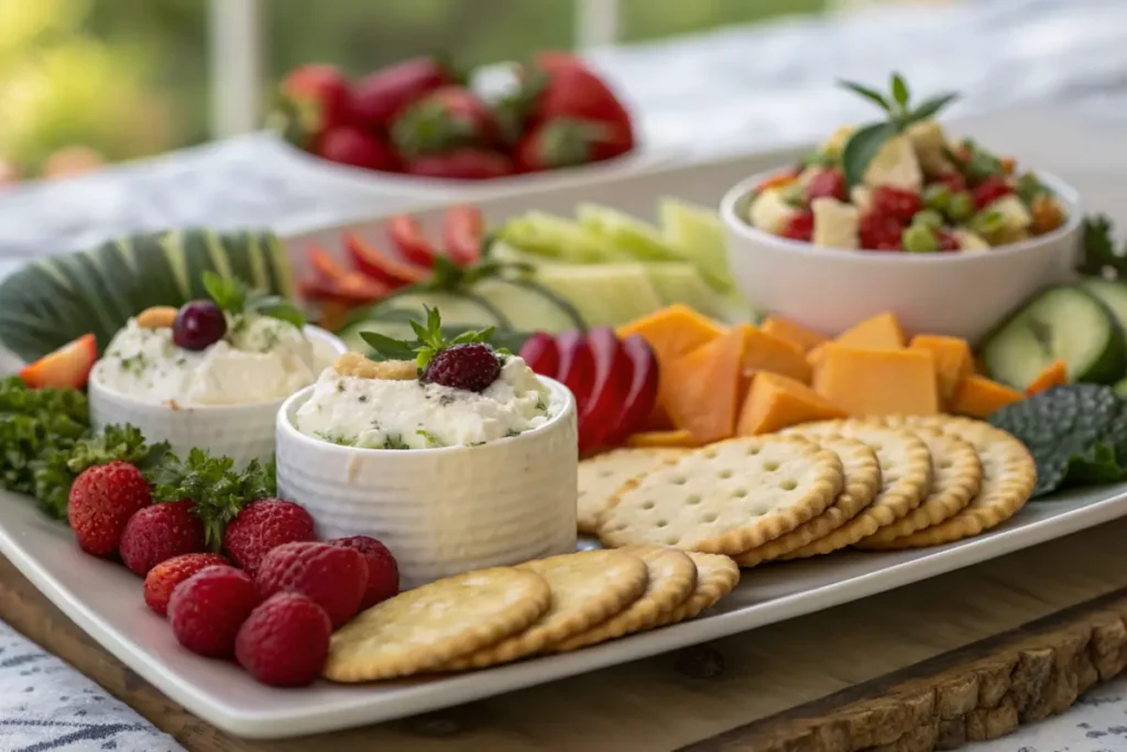 Boursin cheese spread on a cracker with herbs.