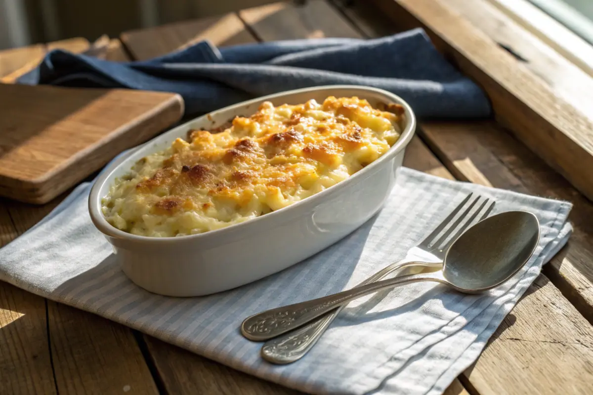 A bowl of protein cottage cheese mac and cheese with visible texture