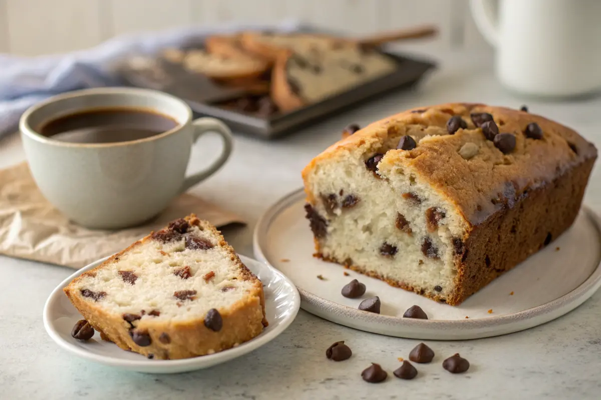 A loaf of sourdough chocolate chip bread on a wooden board.