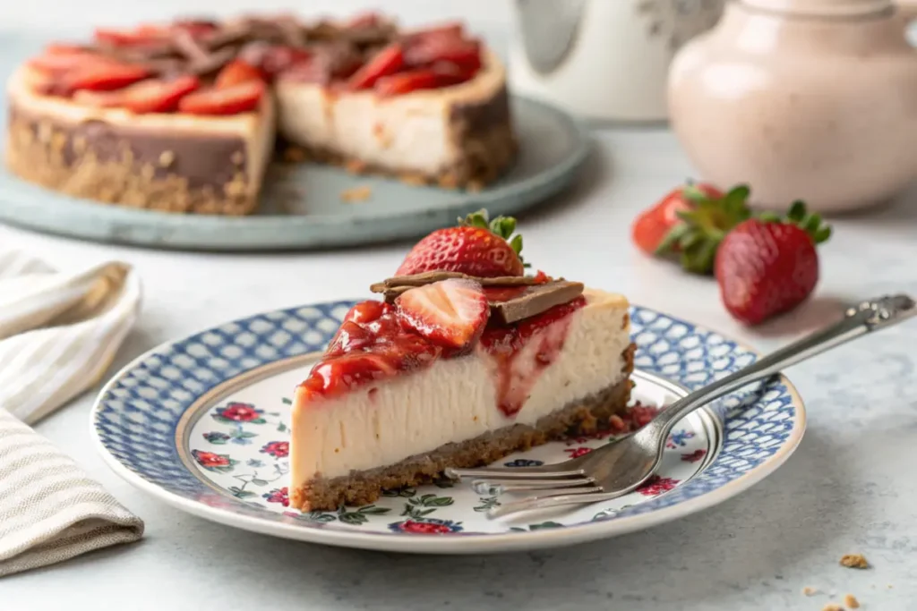 Delicious Snickers Strawberry Cheesecake on a white plate