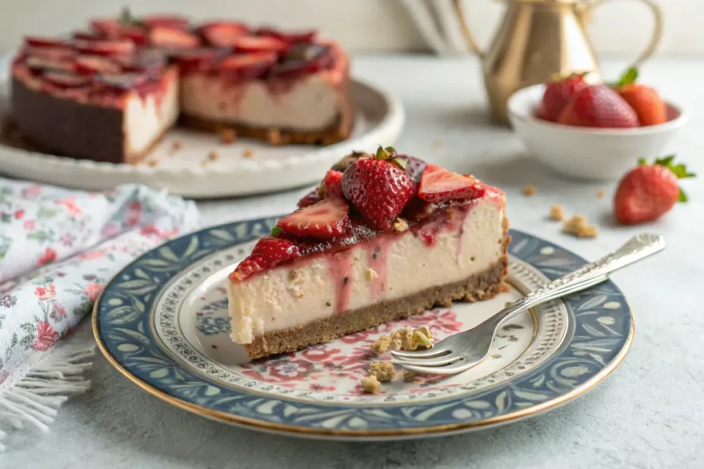 Delicious Snickers Strawberry Cheesecake on a white plate