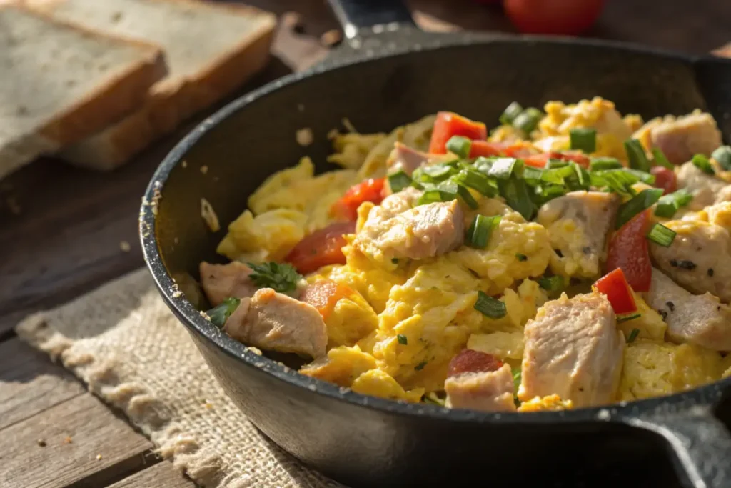 Delicious chicken breakfast recipes on a wooden table.