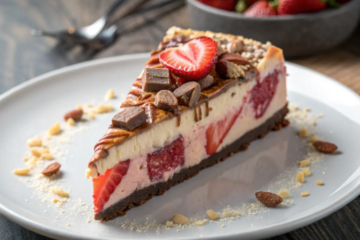 Delicious Snickers Strawberry Cheesecake on a white plate