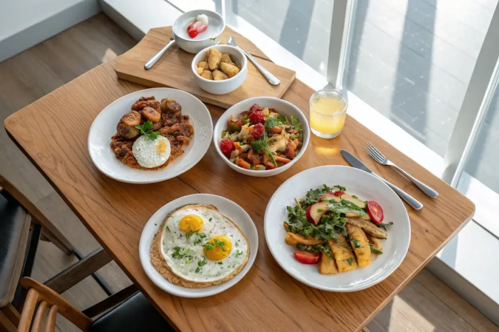 Delicious chicken breakfast recipes on a wooden table.