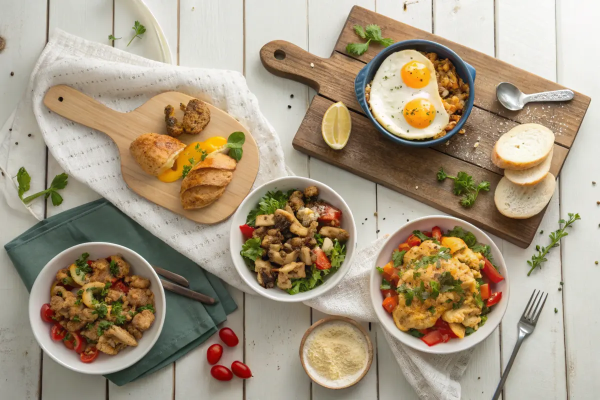 Delicious chicken breakfast recipes on a wooden table.