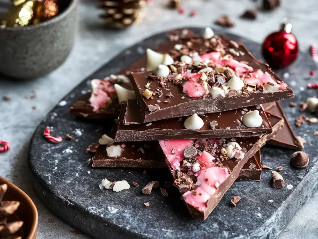 Colorful Christmas bark with chocolate, sprinkles, and festive toppings like candy canes and nuts