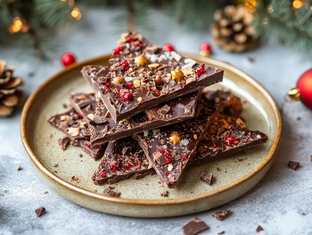 Colorful Christmas bark with chocolate, sprinkles, and festive toppings like candy canes and nuts