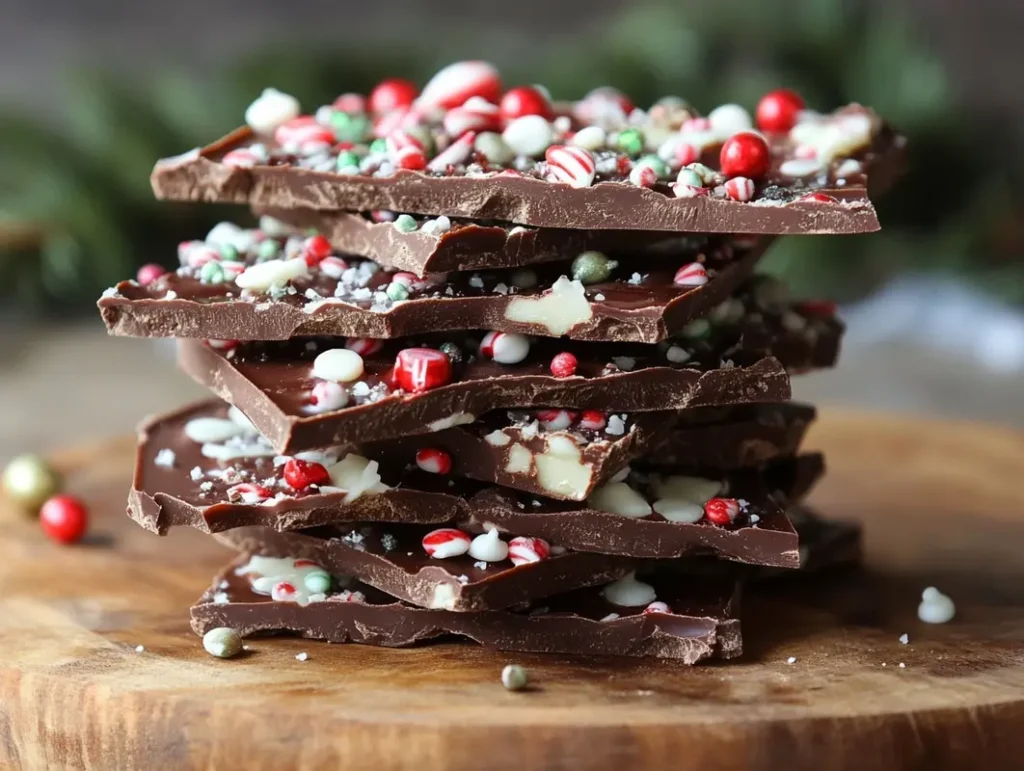 Colorful Christmas bark with chocolate, sprinkles, and festive toppings like candy canes and nuts