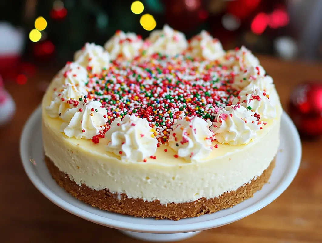 Delicious and festive Christmas cheesecake topped with red berries and a sprinkle of powdered sugar