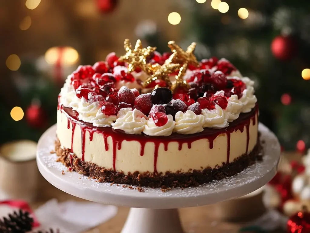 Delicious and festive Christmas cheesecake topped with red berries and a sprinkle of powdered sugar