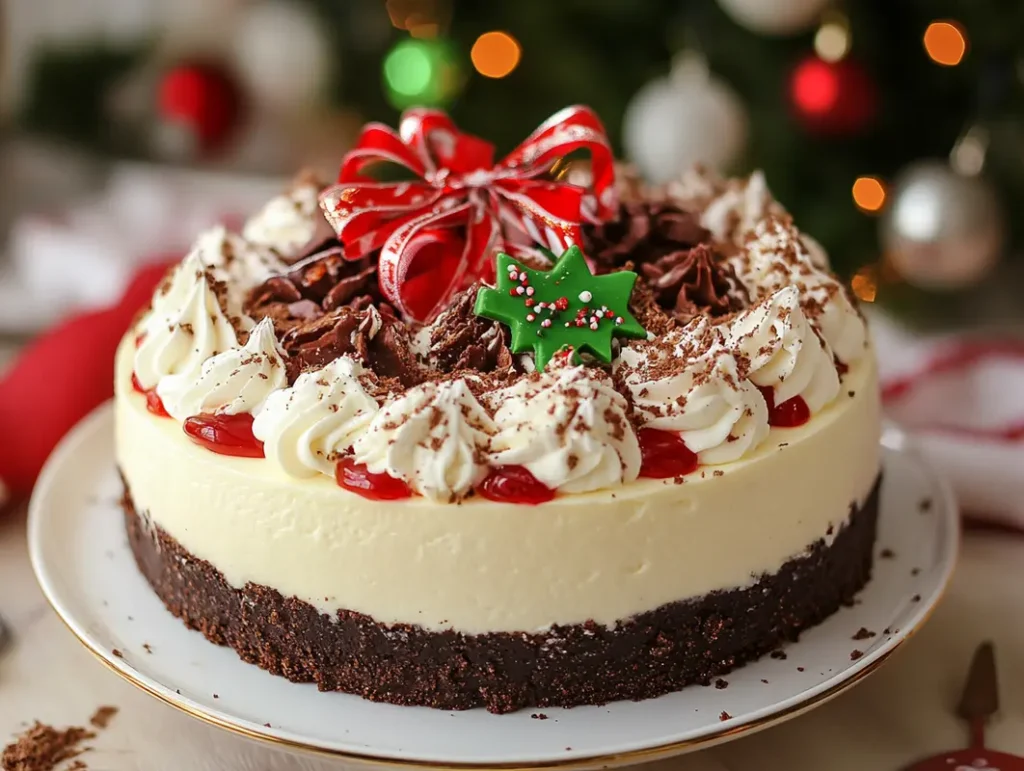 Delicious and festive Christmas cheesecake topped with red berries and a sprinkle of powdered sugar