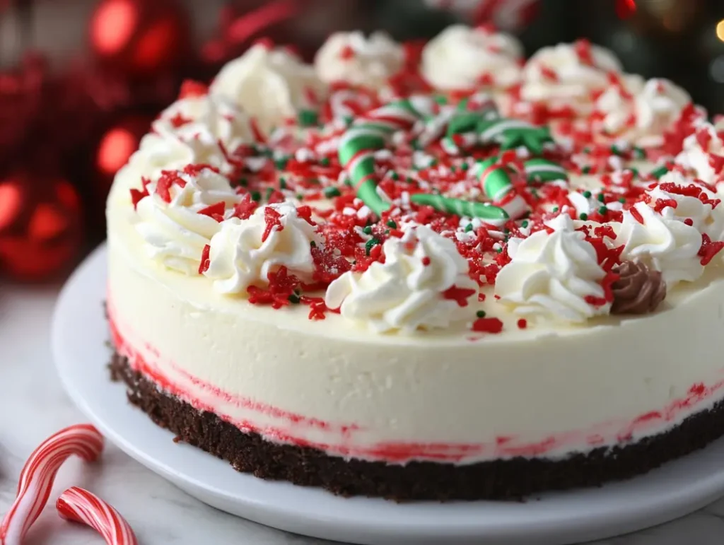 Delicious and festive Christmas cheesecake topped with red berries and a sprinkle of powdered sugar