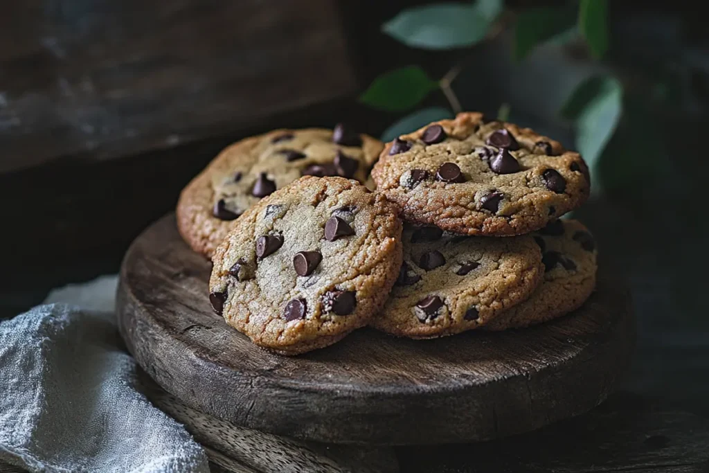 Delicious sourdough chocolate chip cookies on a plate.