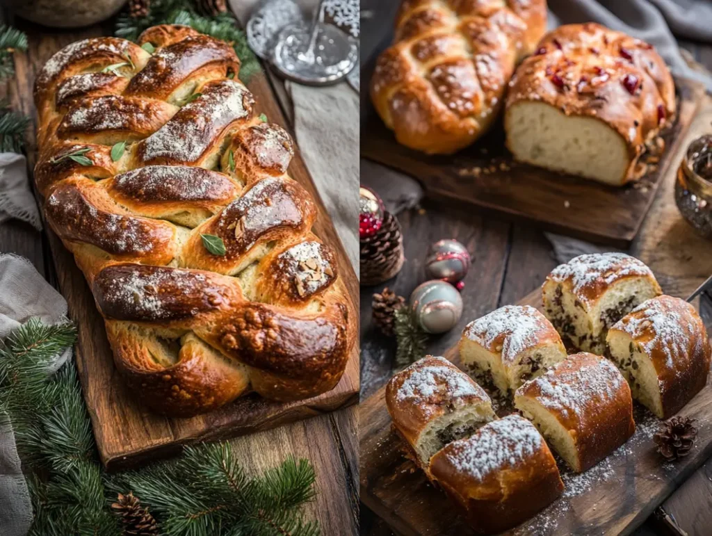 "Warm and golden-brown Christmas bread with festive decorations, perfect for holiday gatherings."