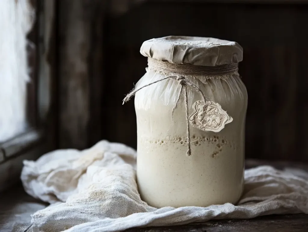 Levain panair in a glass jar, ready to bake with