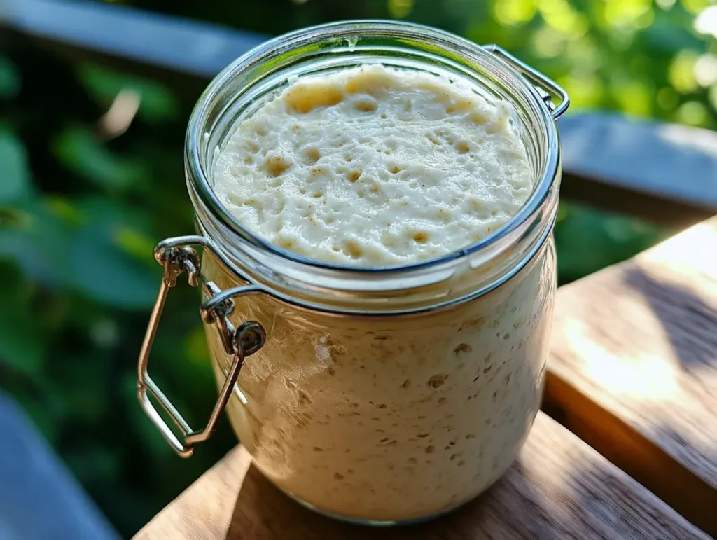 Levain panair in a glass jar, ready to bake with