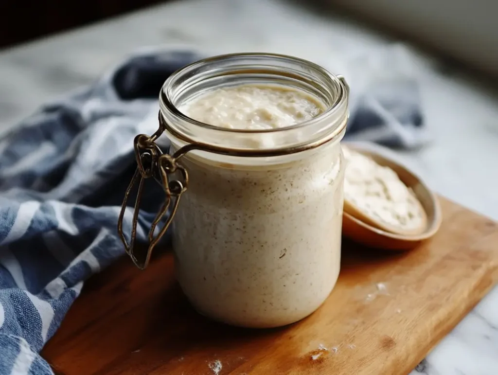 Levain panair in a glass jar, ready to bake with