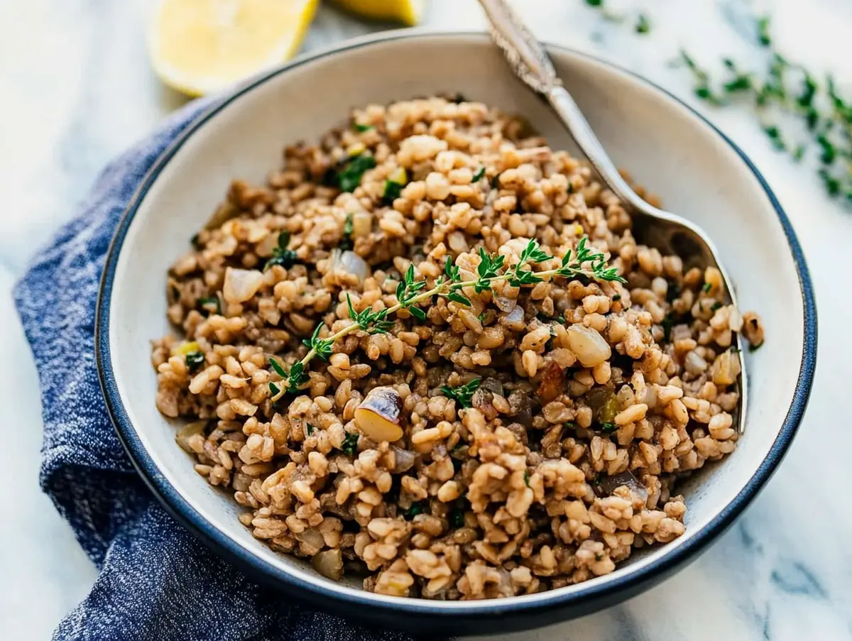 Cooked farro in a bowl