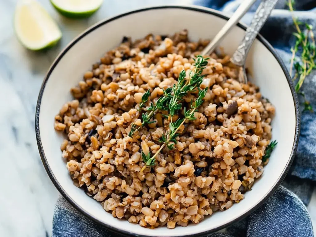 Cooked farro in a bowl