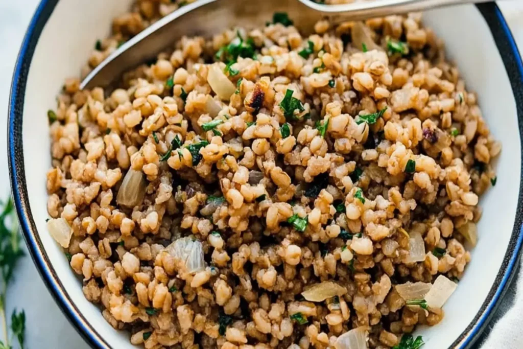 Cooked farro in a bowl