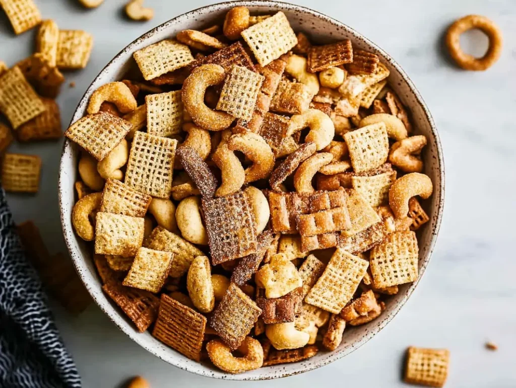 A bowl of the best homemade Chex Mix recipe.