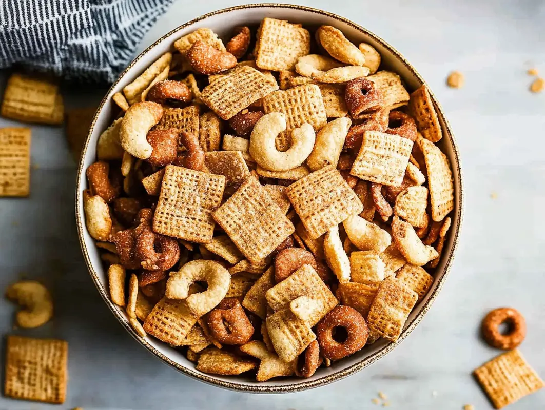 A bowl of the best homemade Chex Mix recipe.