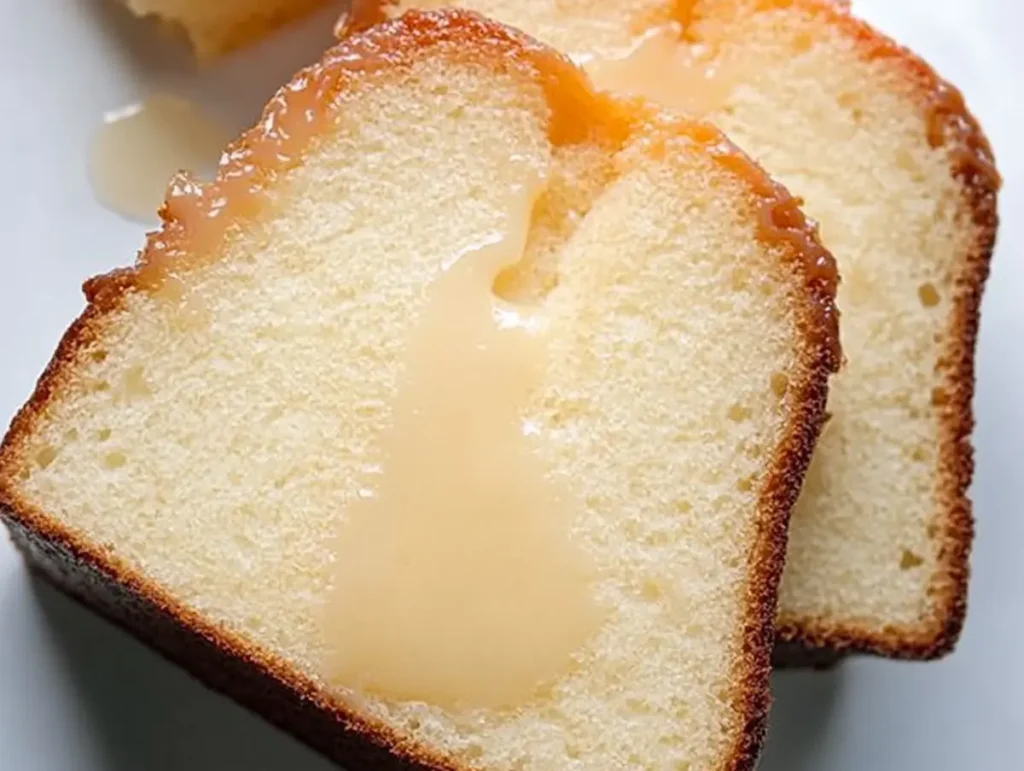 Easy cream cheese pound cake on a white plate.