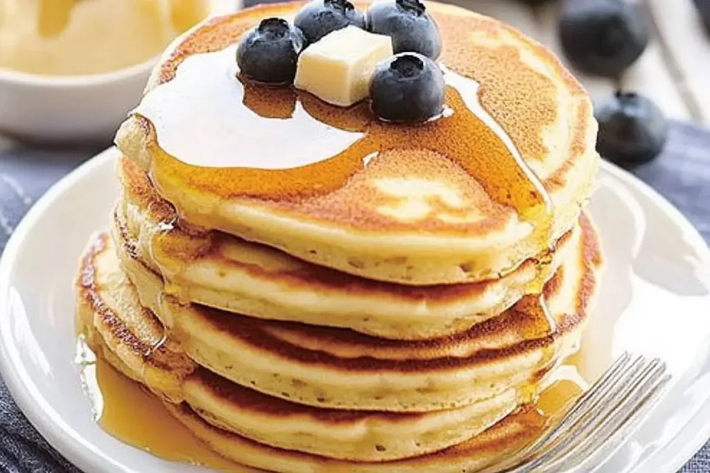 Best pancake recipe on a plate, ready to eat.