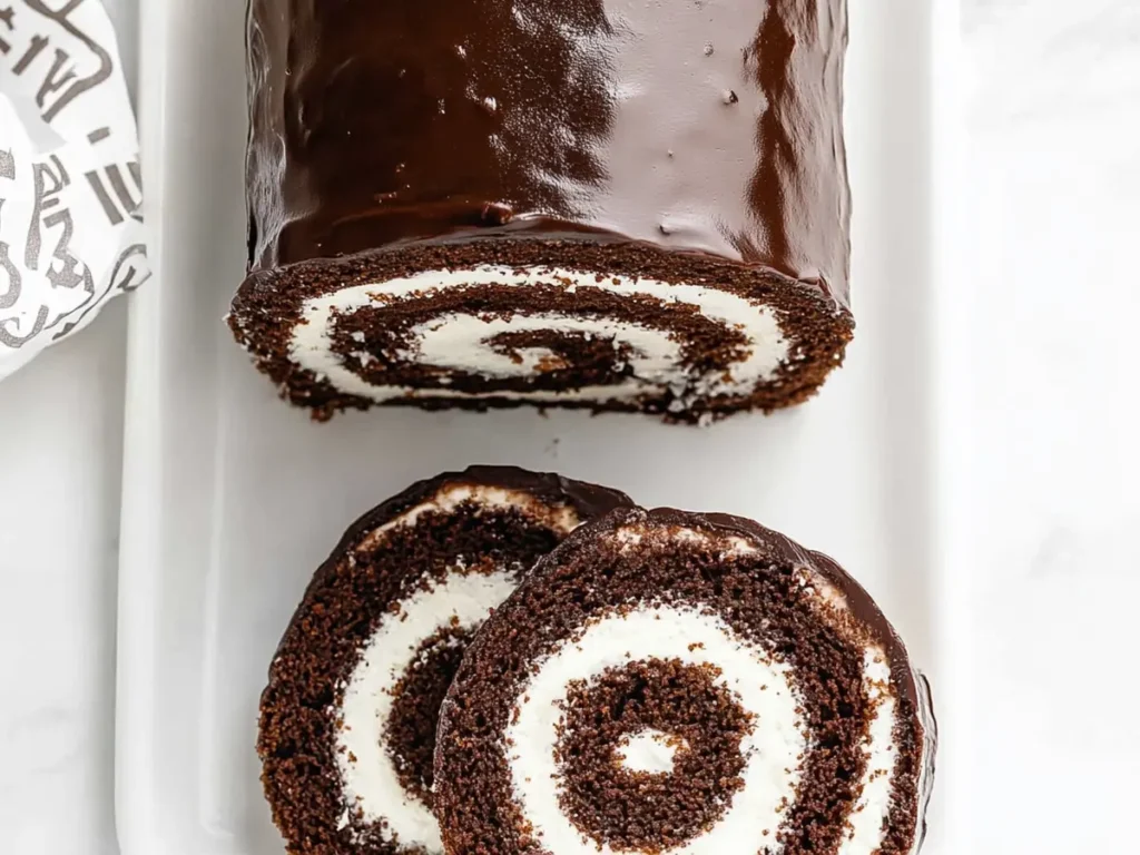 Delicious chocolate swiss roll cake on a plate.