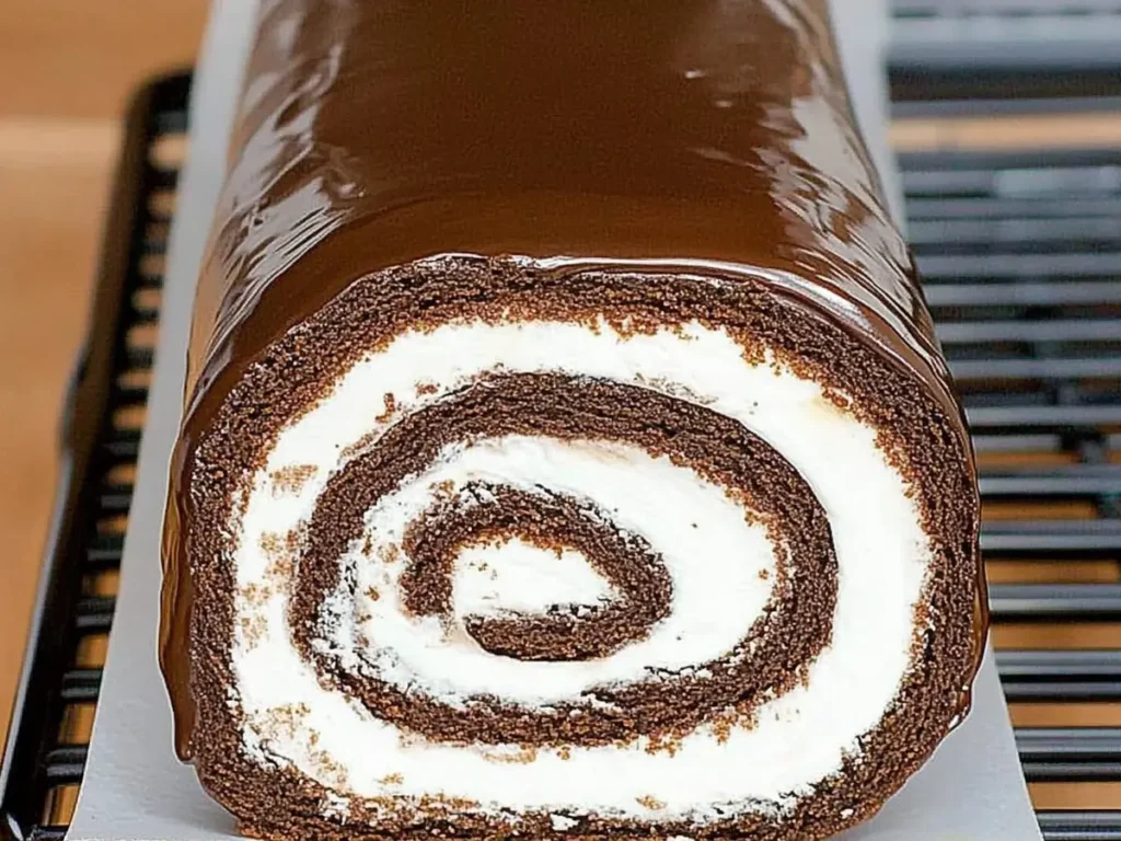 Delicious chocolate swiss roll cake on a plate.