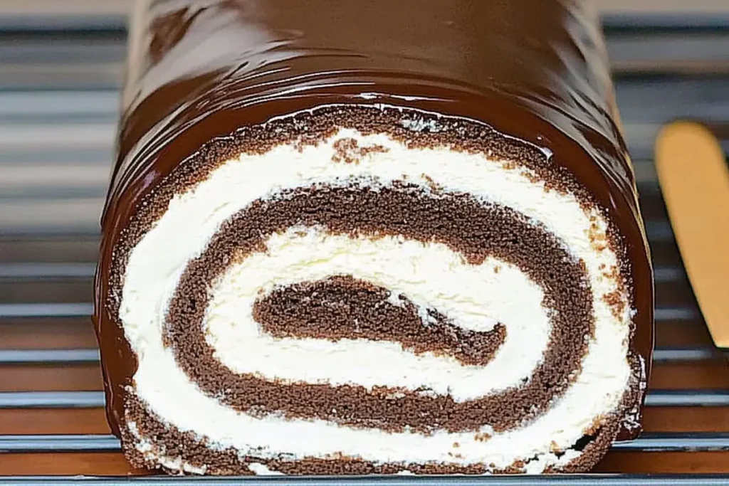 Delicious chocolate swiss roll cake on a plate.