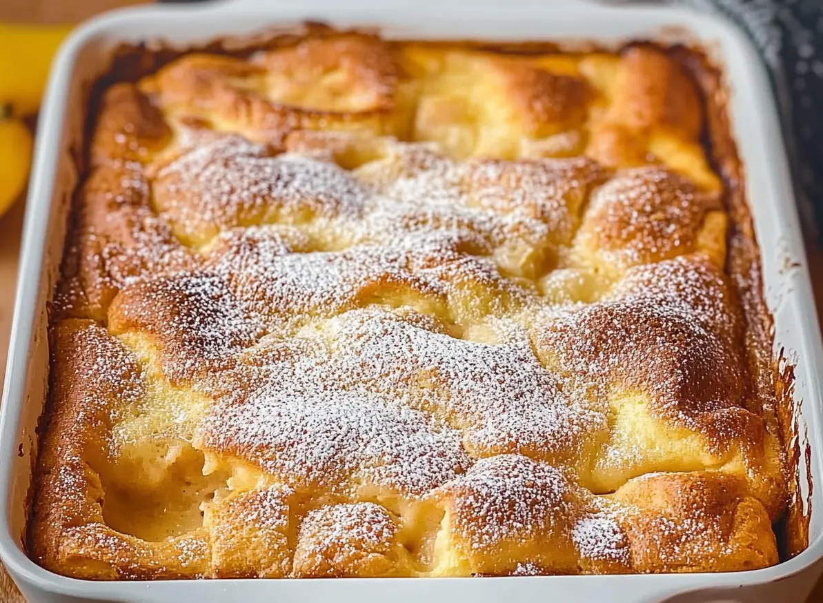 Peach cobbler dump cake in a baking dish.