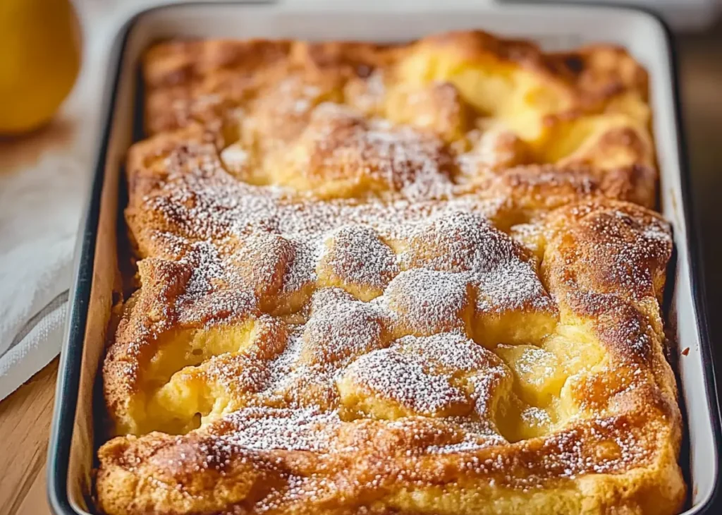 Peach cobbler dump cake in a baking dish.