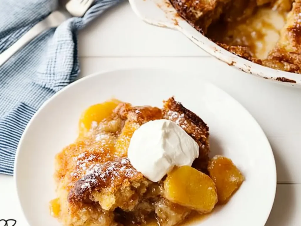 Peach cobbler dump cake in a baking dish.