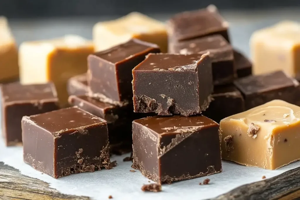 Close-up of a smooth and creamy chocolate fudge topped with swirls, showcasing the perfect texture for a delicious homemade treat.