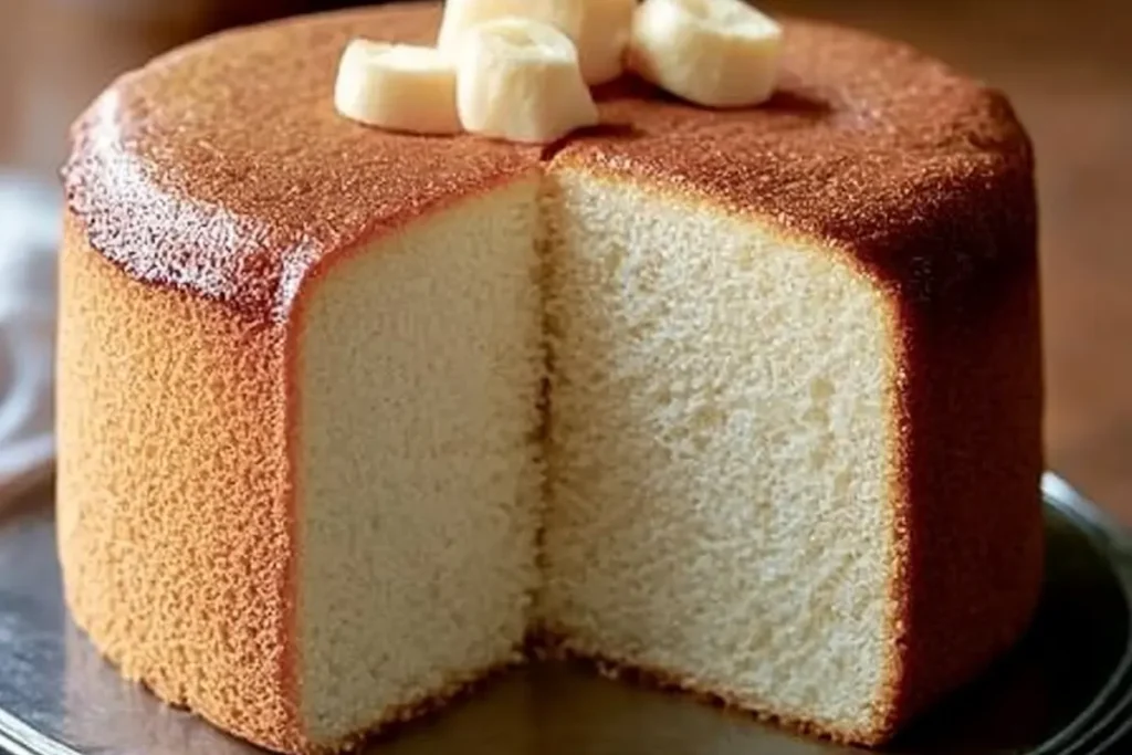 A sponge cake on a cake stand.