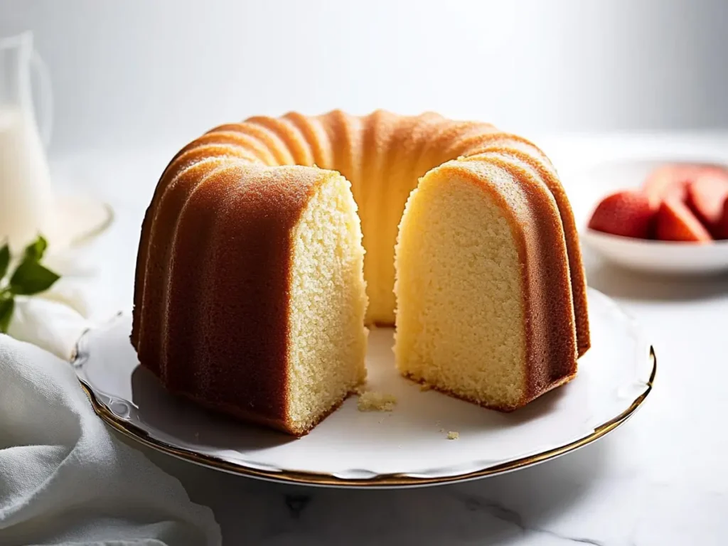 Easy cream cheese pound cake on a white plate.