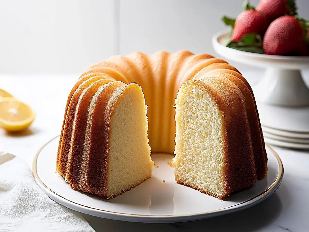 Easy cream cheese pound cake on a white plate.