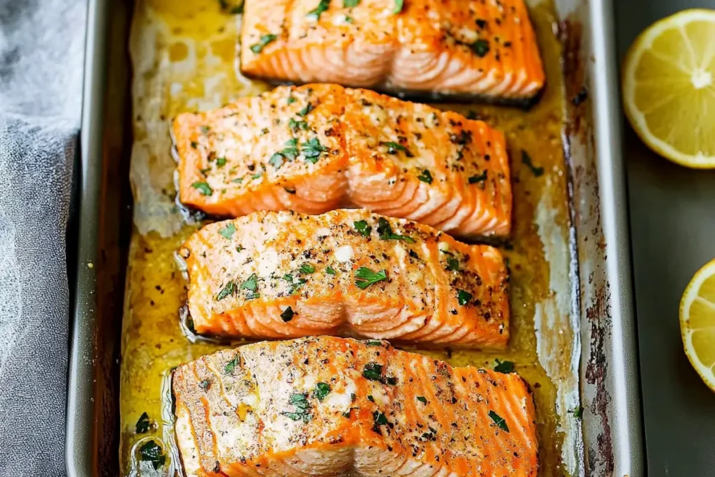 Delicious salmon recipes in oven on a plate