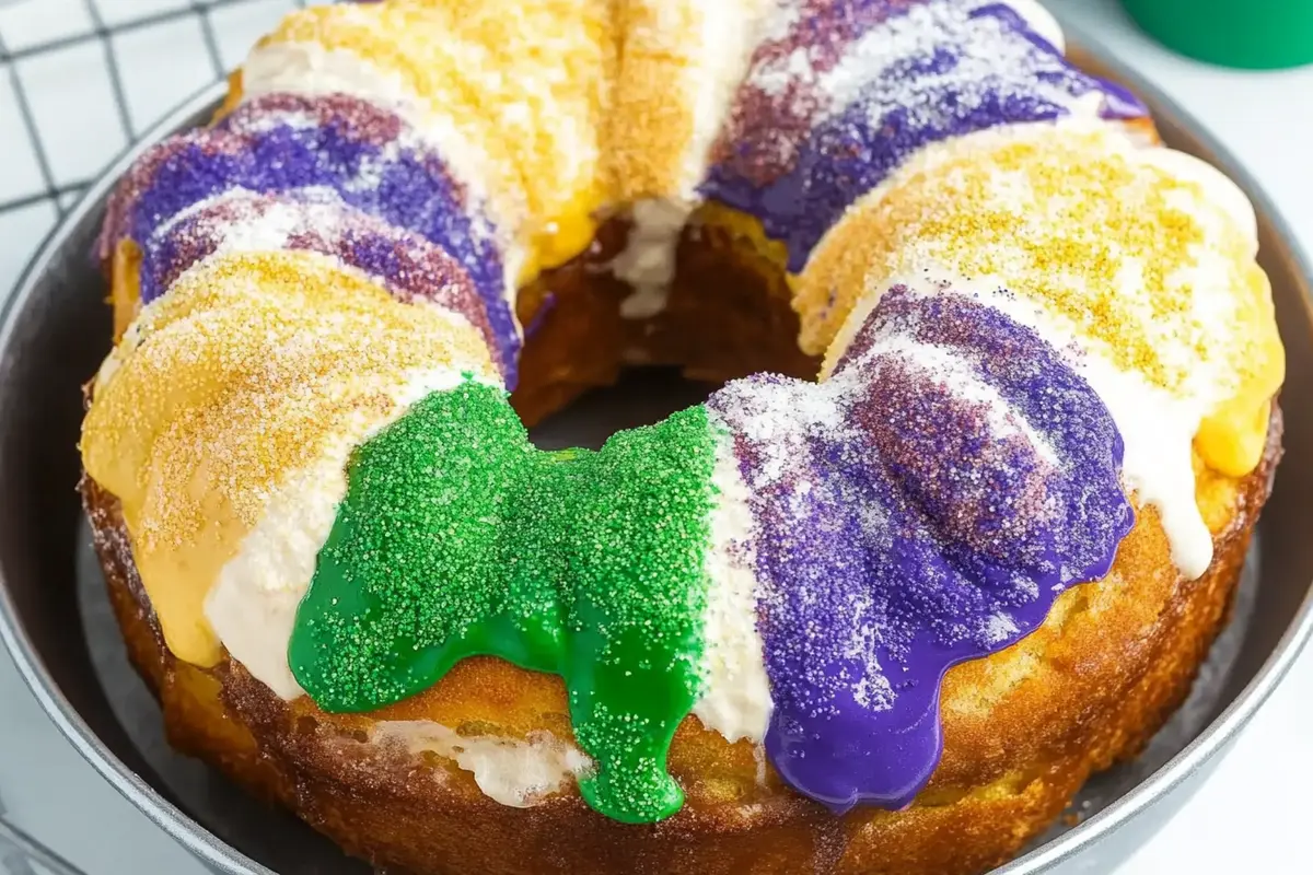 A colorful Mardi Gras King Cake on a platter.