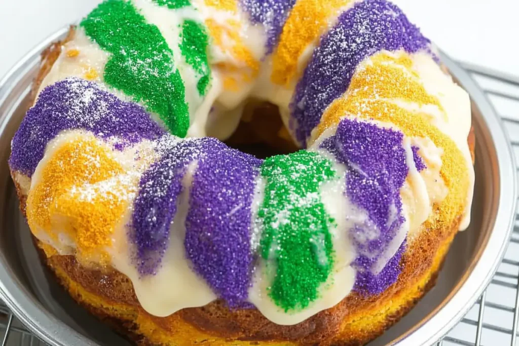 A colorful Mardi Gras King Cake on a platter.