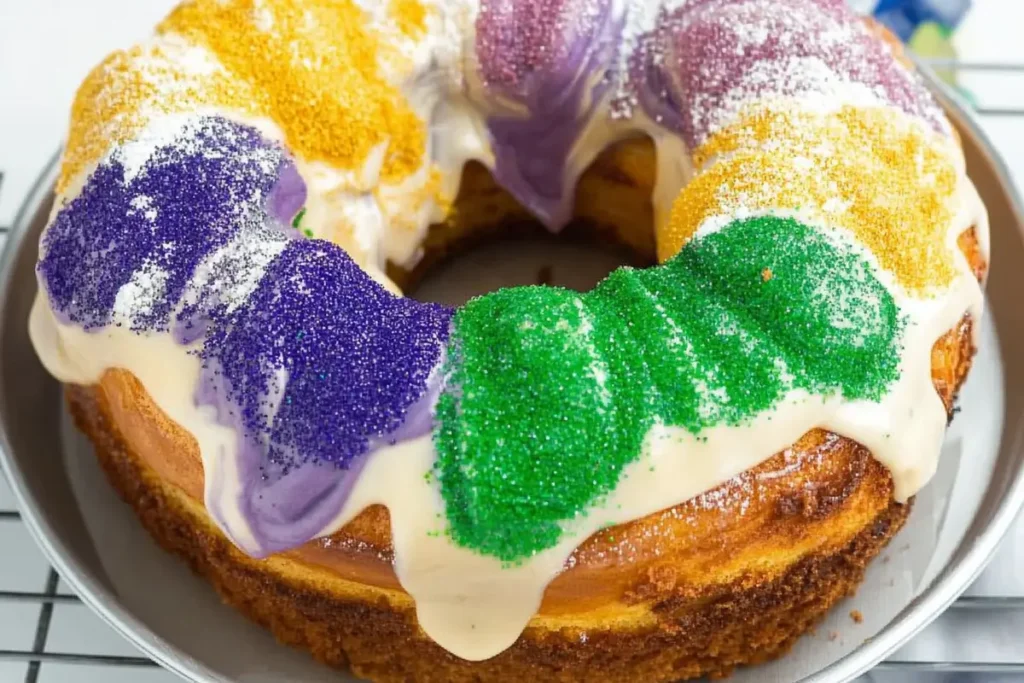 A colorful Mardi Gras King Cake on a platter.