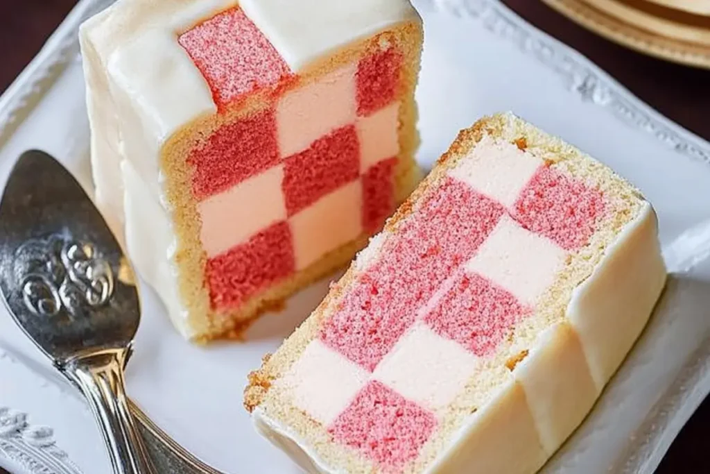 Battenberg cake sliced open showing the checkerboard pattern.