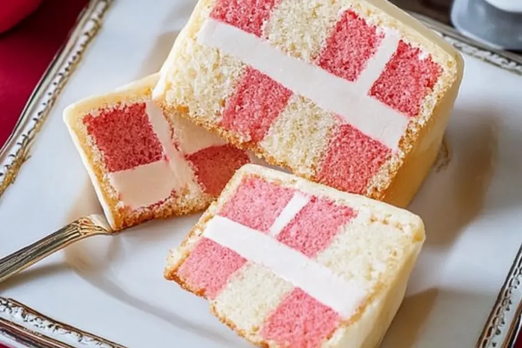 Battenberg cake sliced open showing the checkerboard pattern.