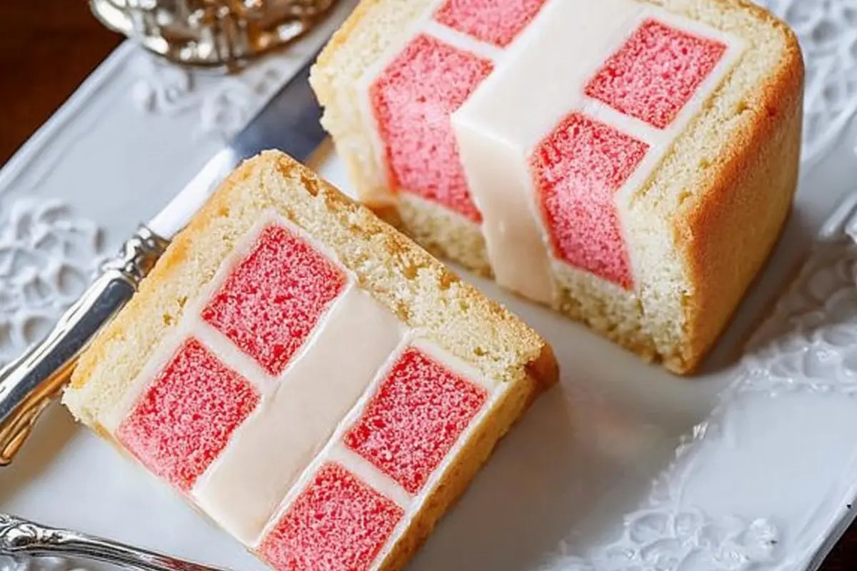 Battenberg cake sliced open showing the checkerboard pattern.