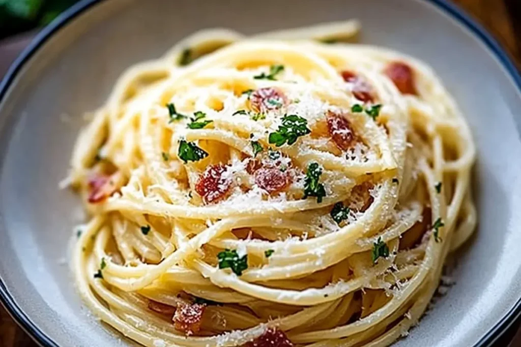 Freshly made carbonara pasta.