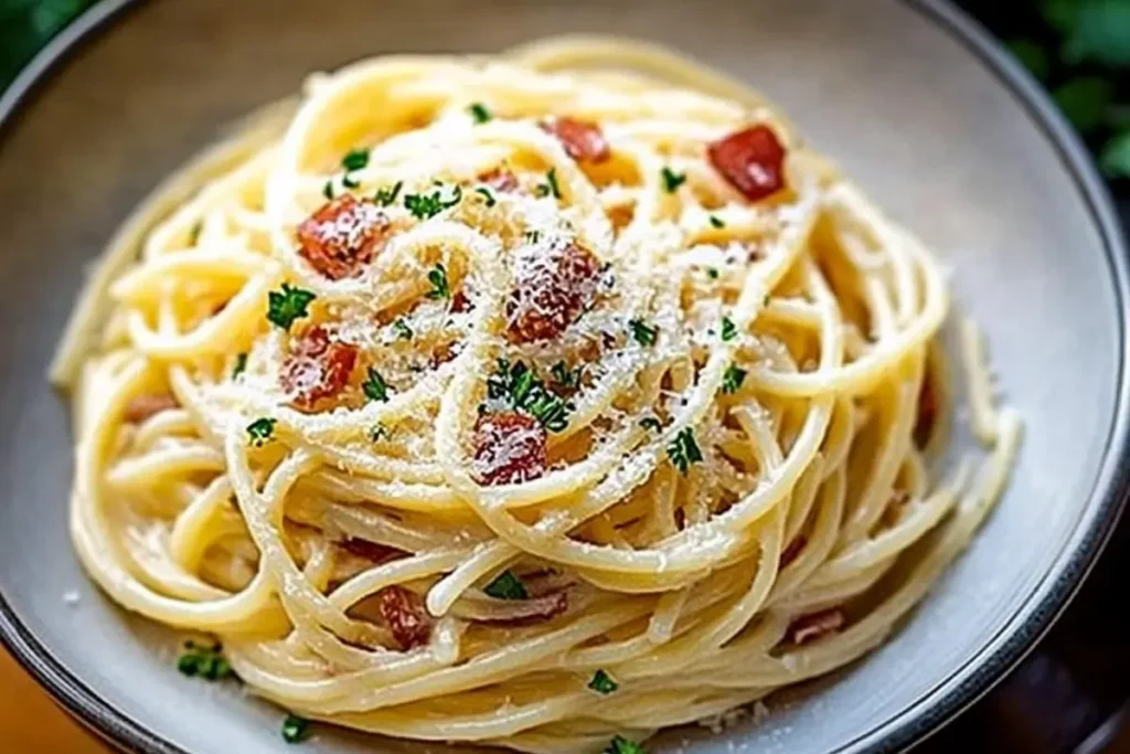 Freshly made carbonara pasta.